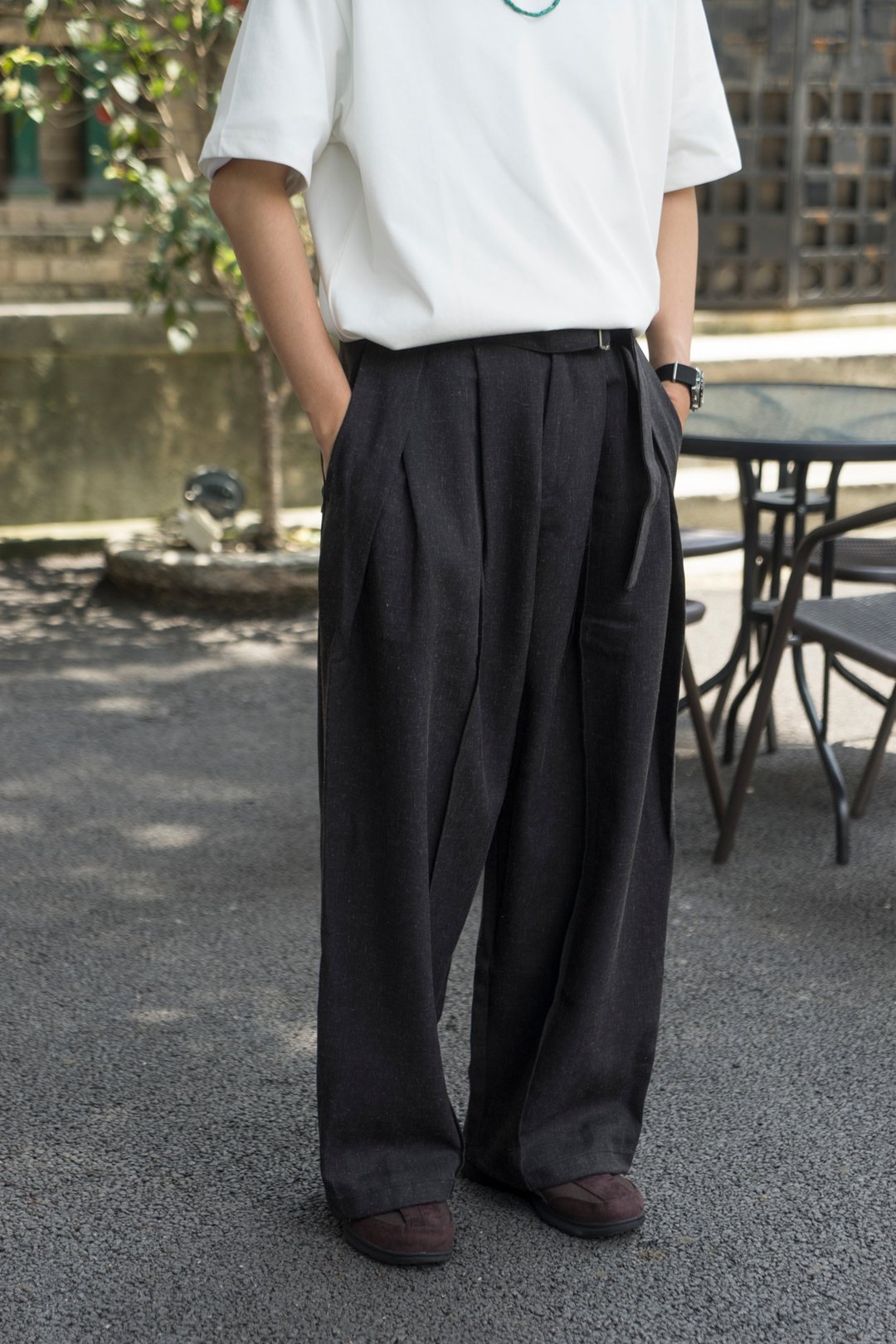 Pants 双褶混纺面料阔腿直筒西裤 剑道裤日系复古松紧腰围厚款 - 男士长裤 - 棉 