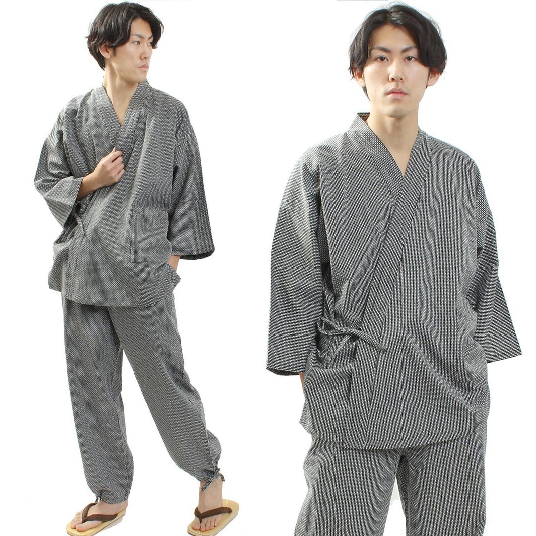 日本 和服 绵 作务衣 居家服 套装 Sashiko 工艺 M L LL 黑白 - 居家服/睡衣 - 棉．麻 黑色
