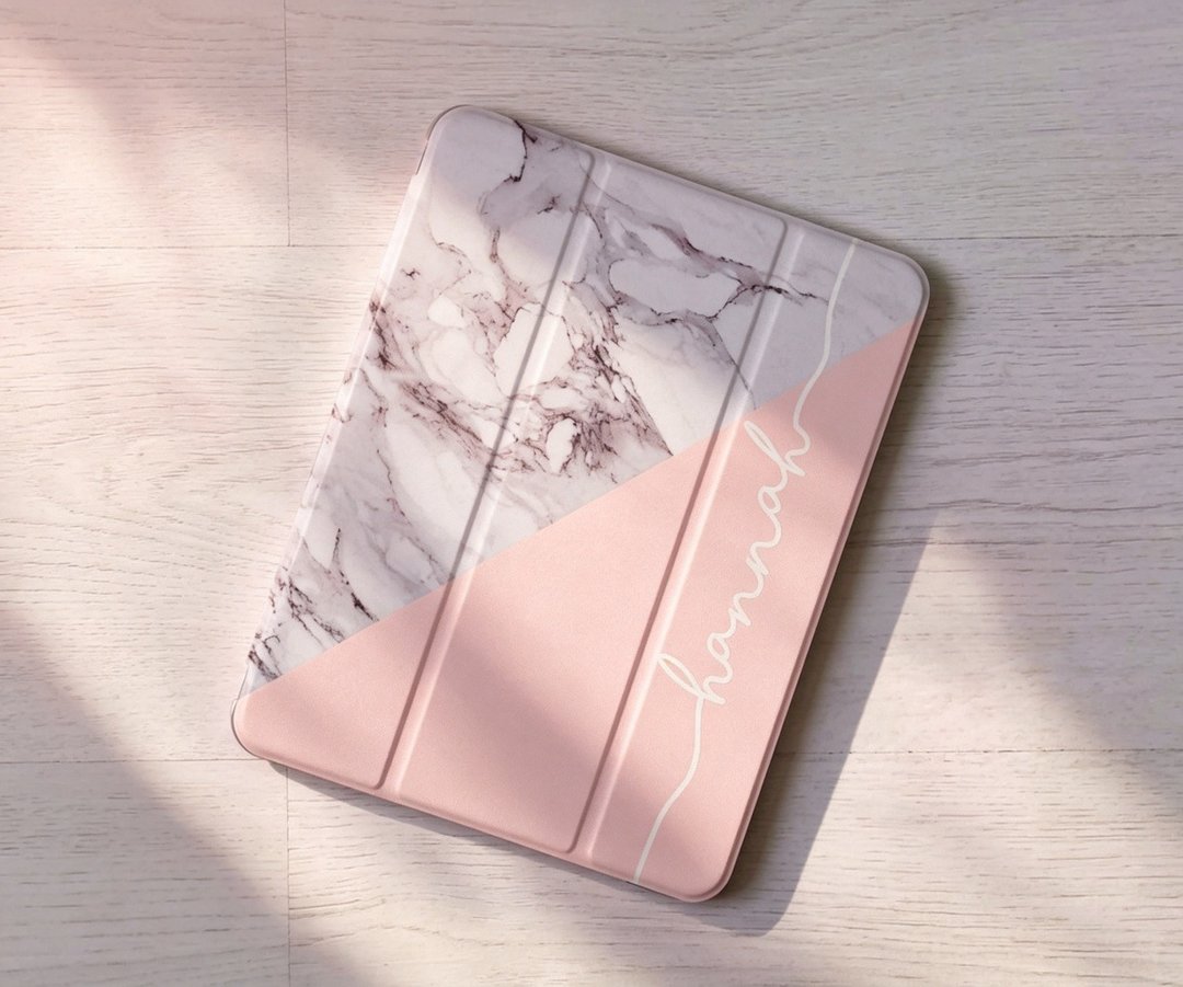 免费加名粉色大理石笔槽保护壳 iPad Pro 12.9 Air 7 Mini 7 11 代 - 平板/电脑保护壳 - 塑料 