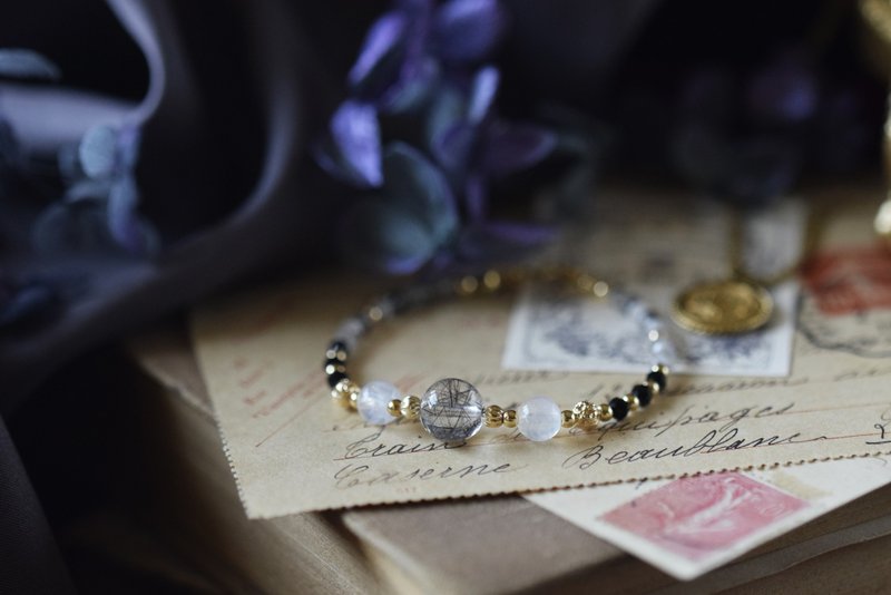 不懈。黑发晶 月亮石 黑尖晶 14K 天然石水晶 手链 - 手链/手环 - 水晶 黑色