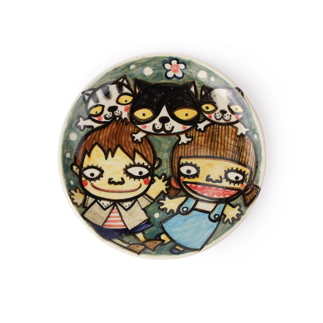 Nice Little Clay 手工特大浅盘 女孩男孩猫 0301-07 - 浅碟/小碟子 - 陶 白色