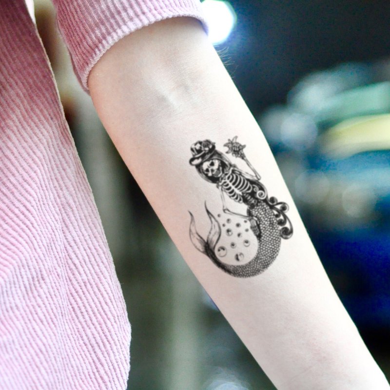 OhMyTat 美人鱼骷髅 Mermaid Skeleton 刺青图案纹身贴纸 (2 张) - 纹身贴 - 纸 黑色