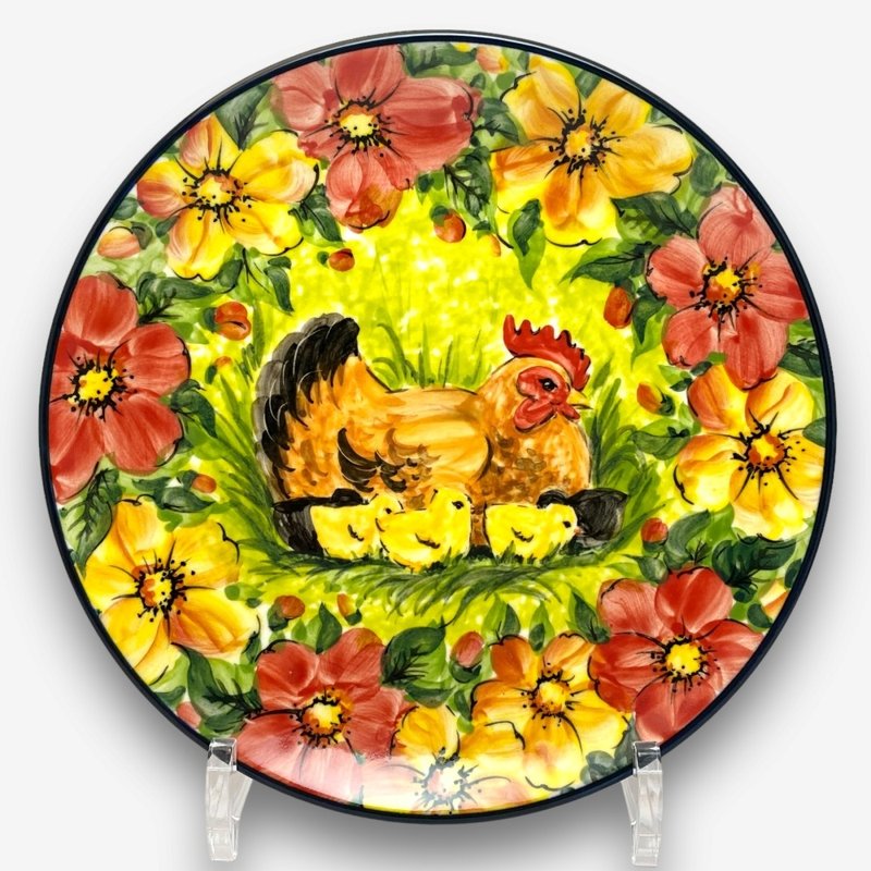 波兰手绘手工陶-圆盘 19cm 幸福鸡家系列 限量版 - 盘子/餐盘/盘架 - 陶 黄色