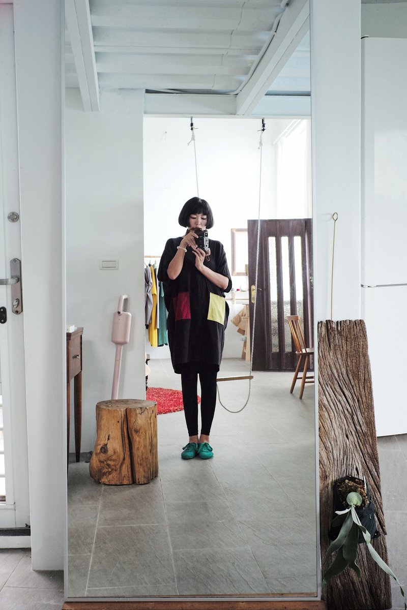 棉麻 拼色口袋 洋装 - 洋装/连衣裙 - 棉．麻 黑色