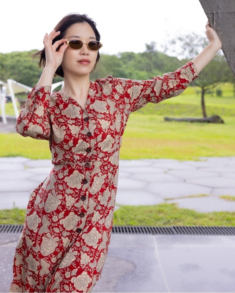 印度盖染工艺纯棉 七分袖洋装 罩衫 －牡丹花红 - 洋装/连衣裙 - 棉．麻 红色