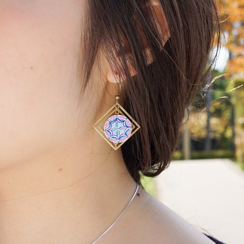 澳葡砖 01 手绘花砖耳环/耳夹 - 耳环/耳夹 - 其他金属 蓝色