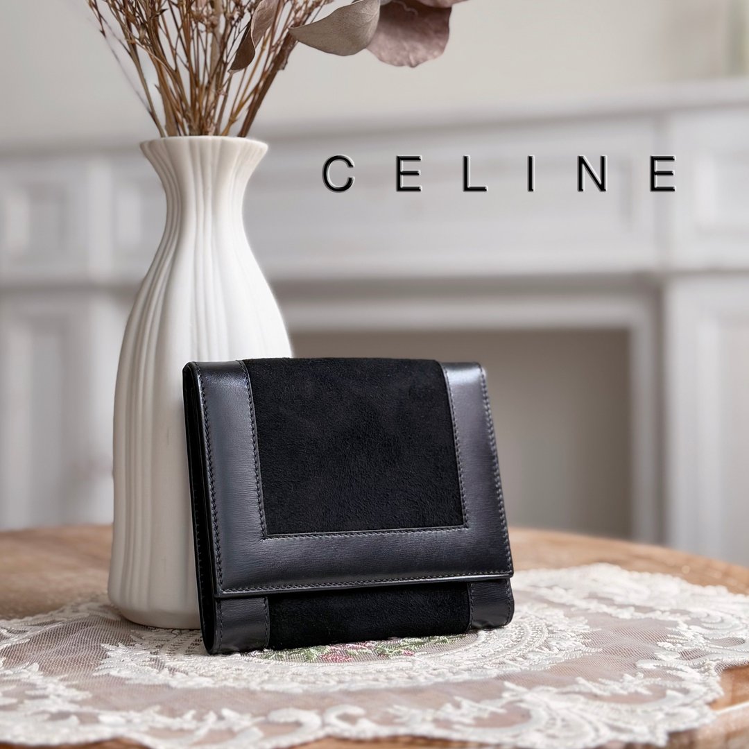 稀有极美品 CELINE Vintage 古董皮夹 麂皮拼接三折短夹 - 皮夹/钱包 - 真皮 黑色