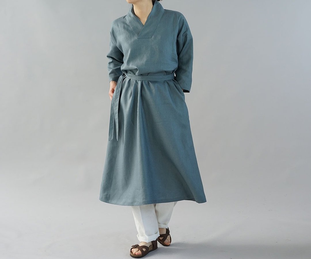 wafu  linen dress / Japanese style / kimono collar / Etain-Blue  a084a-ebn2 - 洋装/连衣裙 - 棉 蓝色