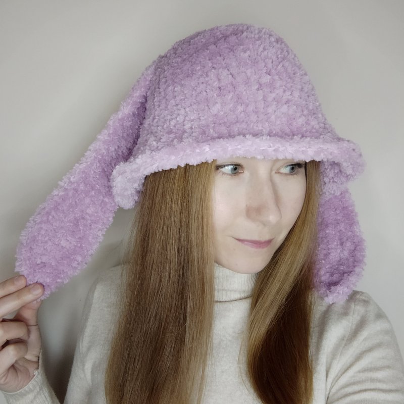蓬松的兔子水桶帽钩针编织。 毛茸茸的兔耳渔夫帽 - 帽子 - 其他材质 紫色