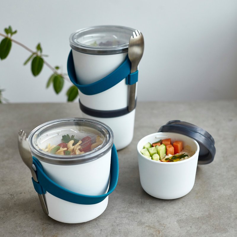 手挽双层食物盒 (PP) 连餐叉 20oz+10oz (600ml + 300ml) - 便当盒/饭盒 - 塑料 蓝色