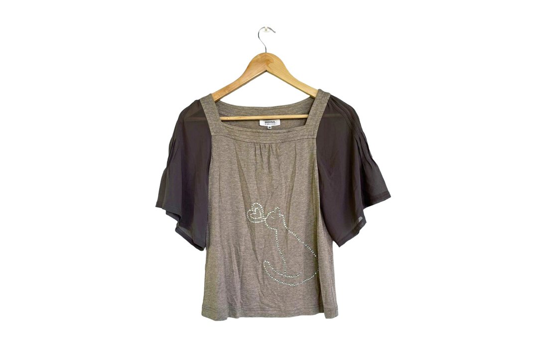 Cute Sonia Rykiel Plated sheer chiffon sleeve with CAT Rhinestone Design - 女装衬衫 - 棉 咖啡色