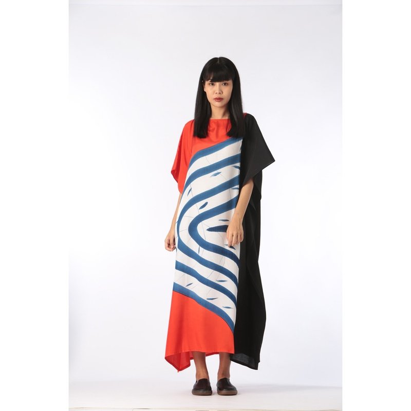 Hand Painted Cotton Silk Kaftan for Summer Resort Vacation F - 洋装/连衣裙 - 棉．麻 红色