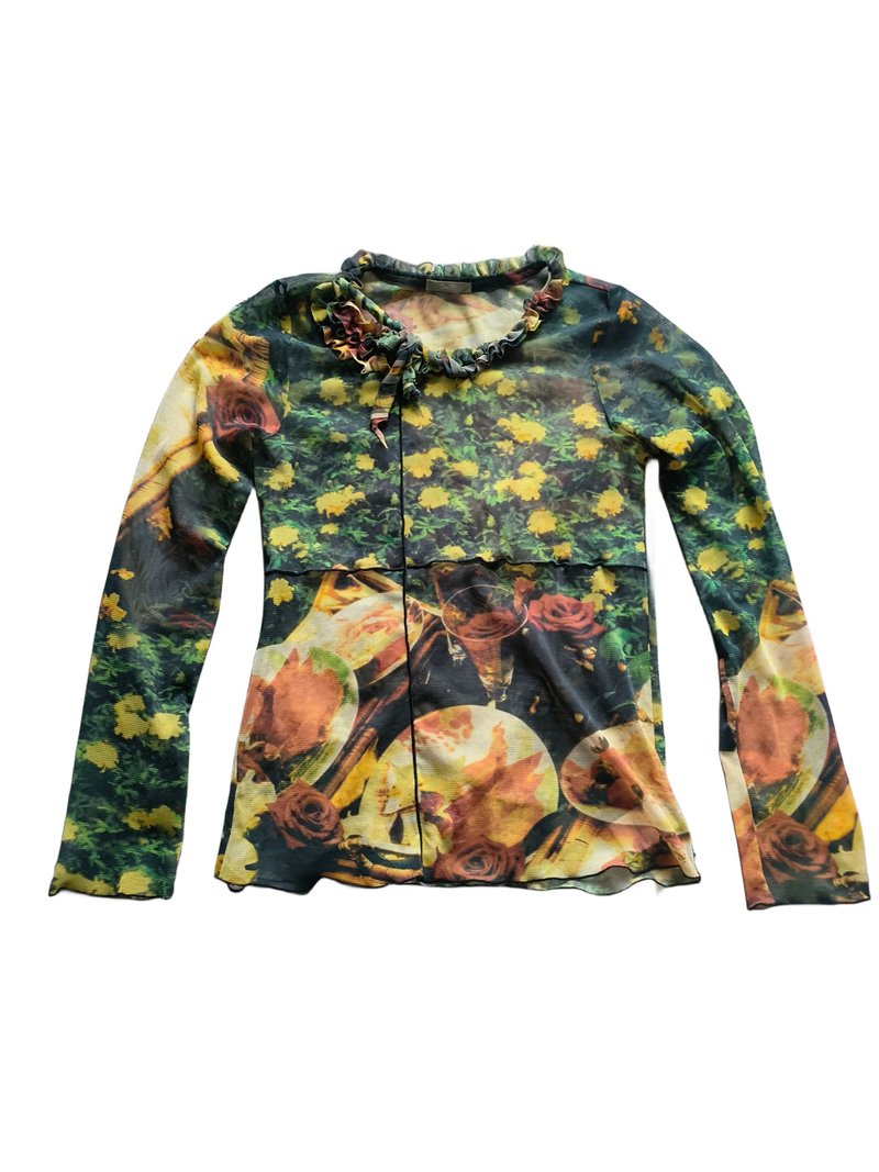 Vintage 绿色印花网纱 长袖上衣 - 女装上衣 - 其他材质 绿色