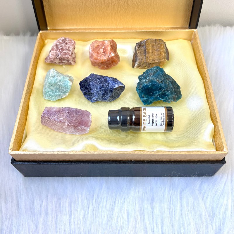 七轮水晶原石净化套装 - 白鼠尾草精油 | 水晶原石 | 身心灵产品 - 香薰/精油/线香 - 水晶 多色