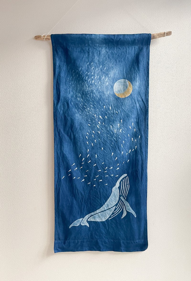 Made in Japan Hand-dyed Tapestry Sardine run, Whale & Moon Indigo dyed Shibori - 墙贴/壁贴 - 棉 蓝色