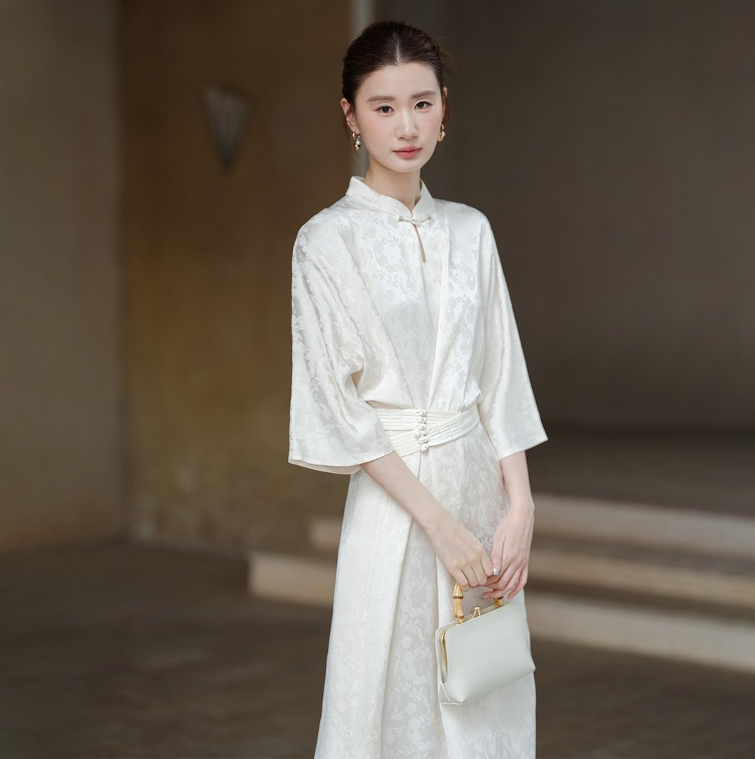 【杏色】新中式复古中国风 提花立领/改良旗袍 - 旗袍 - 其他材质 白色