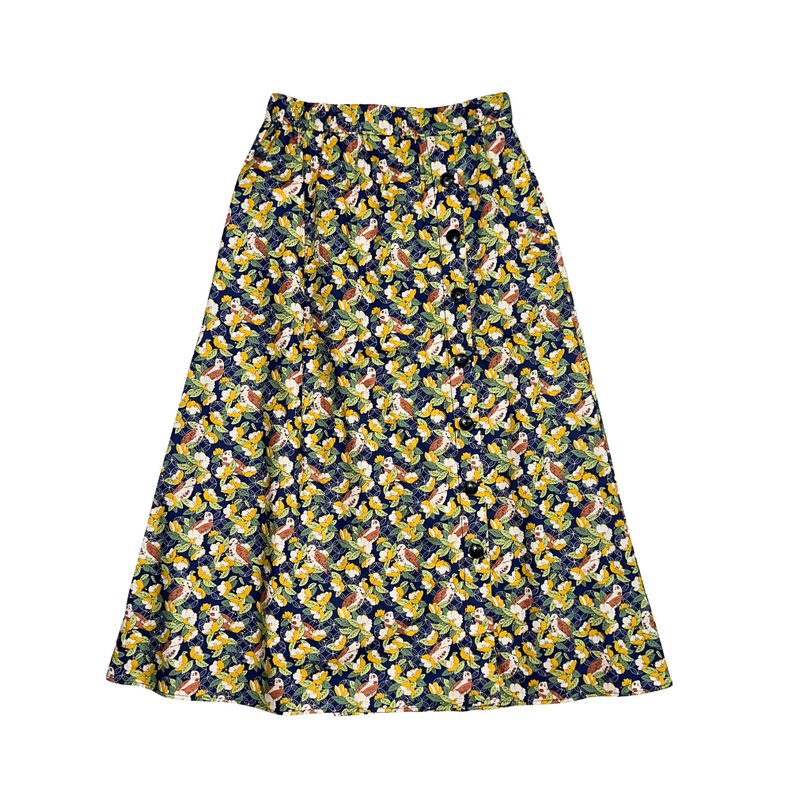 Women's Bird Print Skirt 女装小鸟印花长裙 - 深蓝 - 裙子 - 棉．麻 绿色