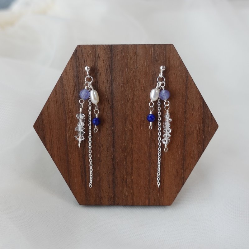Clair de Lune 天然珍珠 坦桑石 青金石 水晶 925银耳环 - 耳环/耳夹 - 半宝石 蓝色