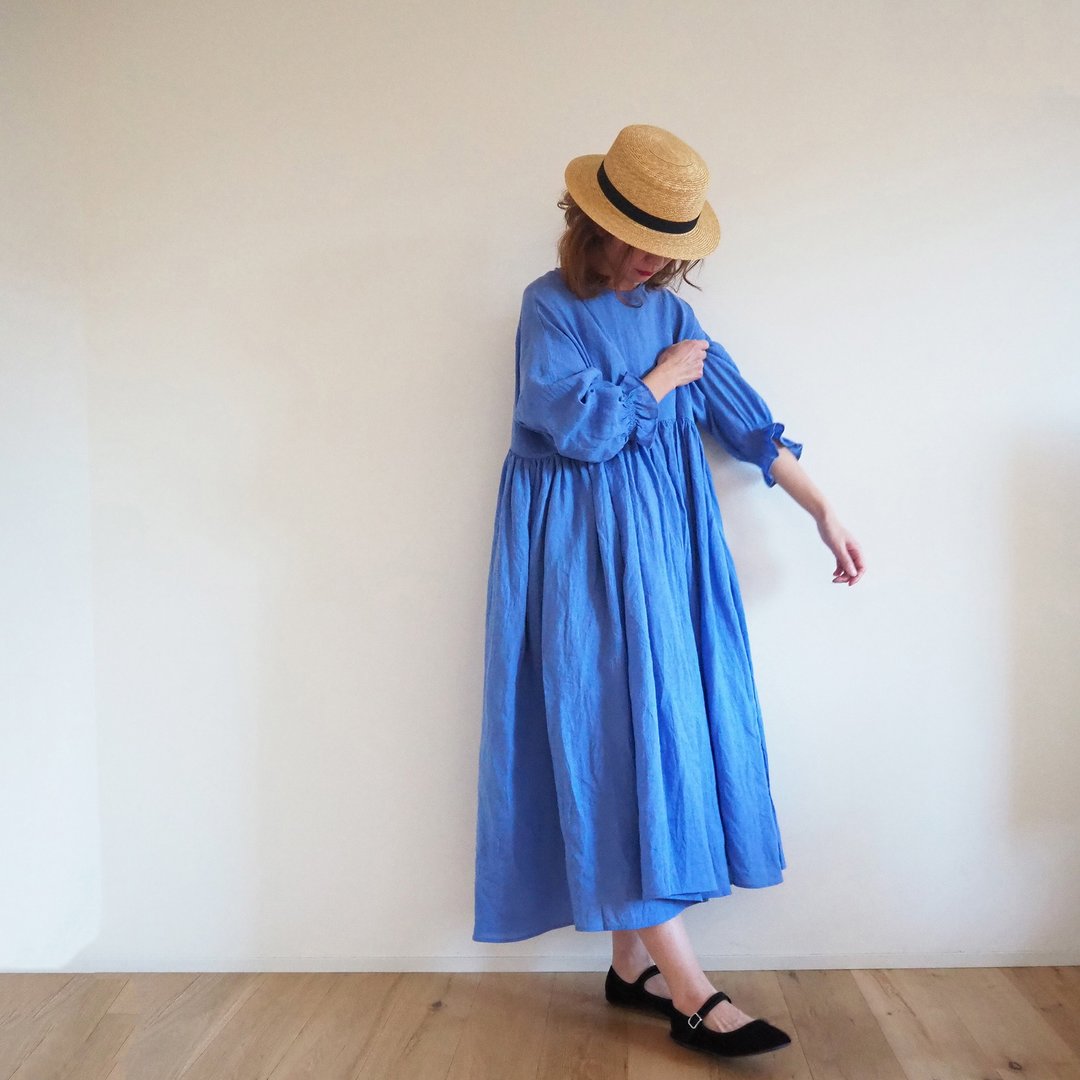French linen canvas 蓬松抽皱连身裙 ( 蓝 ) - 洋装/连衣裙 - 棉 蓝色