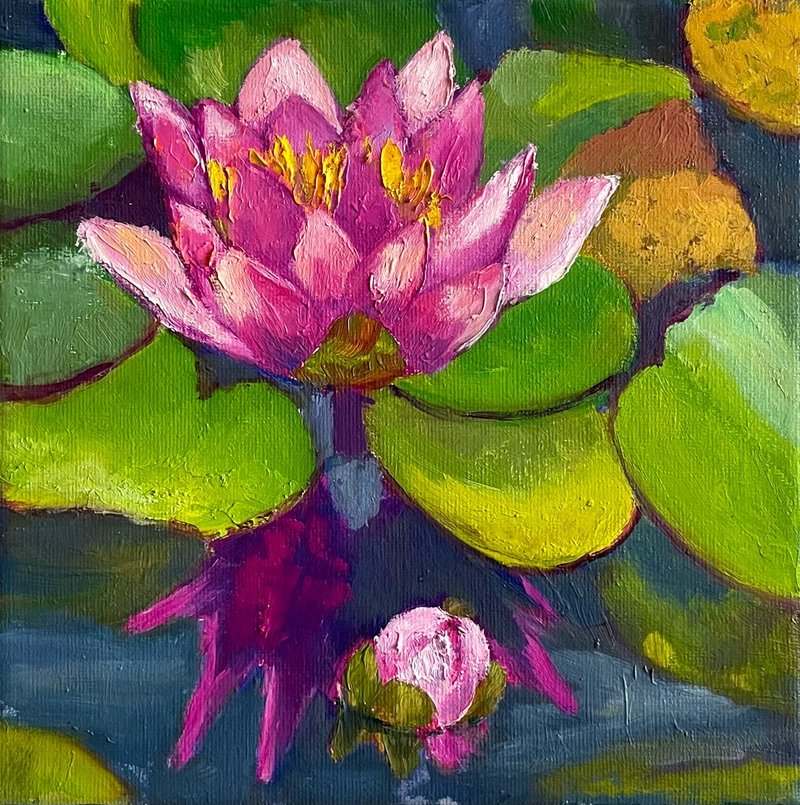 莲花画 手绘粉红花 睡莲画布艺术 原创油画 粉红莲花画 - 海报/装饰画/版画 - 棉．麻 