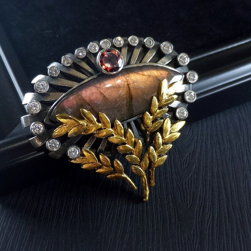 嘉穗时稔 | 别针 - 拉长石.24K金烧赋.S925纯银 - 秋收感恩节 - 胸针 - 宝石 金色