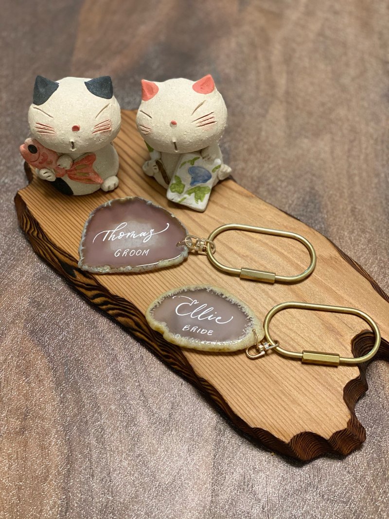 【 定制化礼物】姊妹礼 婚礼手写玛瑙片钥匙圈 吊饰 婚礼小物 - 钥匙链/钥匙包 - 玉石 卡其色