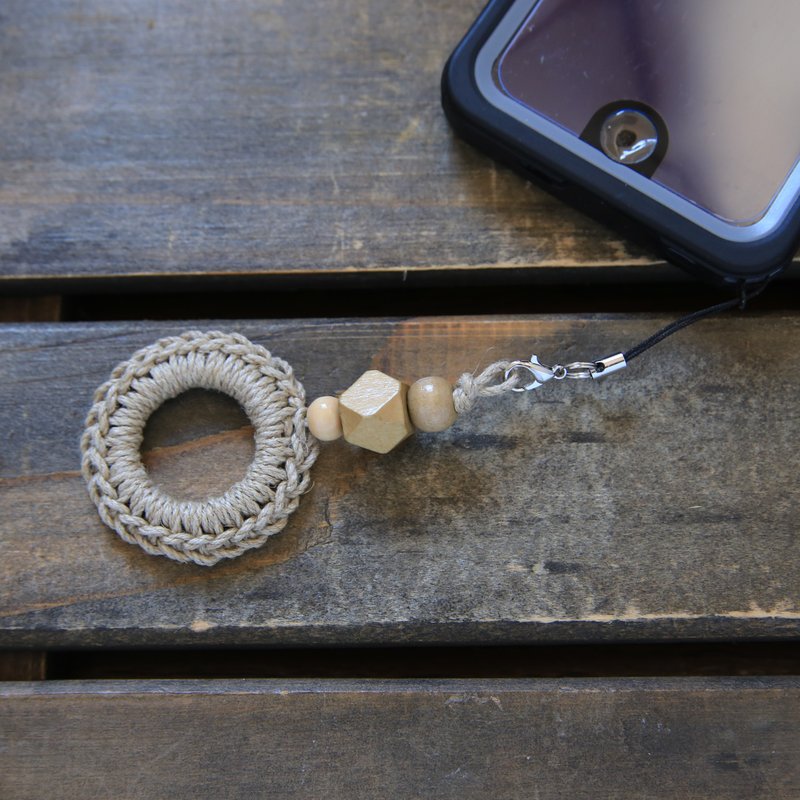 Hemp string hemp and wood beads smartphone ring - 手机配件 - 棉．麻 卡其色