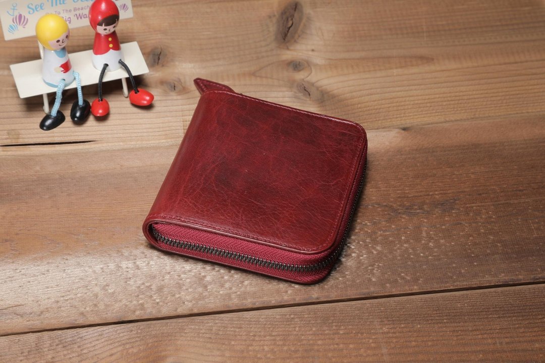 BASIC Round Fastener Middle RED - 皮夹/钱包 - 真皮 红色