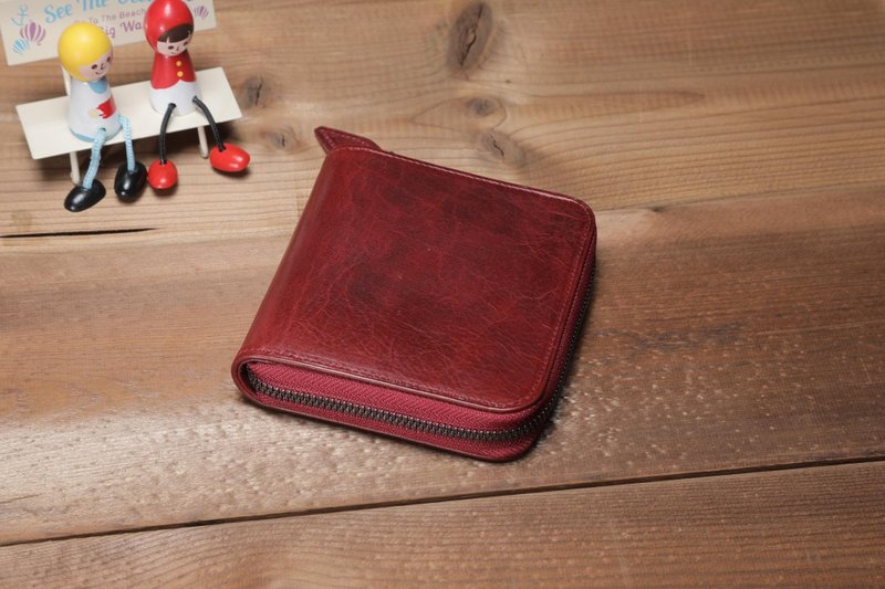 BASIC Round Fastener Middle RED - 皮夹/钱包 - 真皮 红色