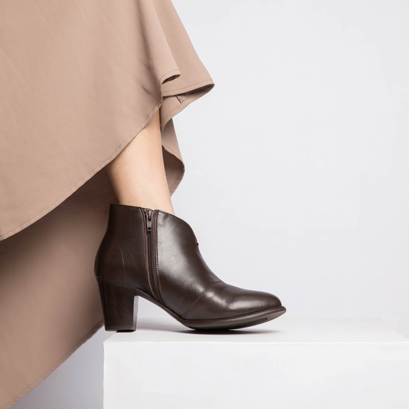 |  靴系列  | V口高跟短靴 _ 咖 - 女款短靴 - 真皮 咖啡色