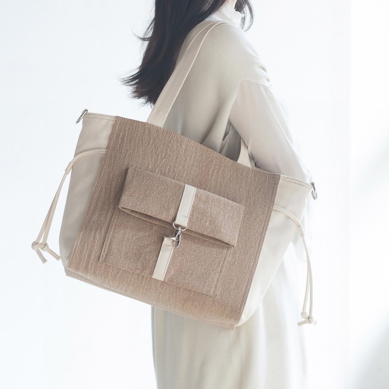 早春新品 大容量多用托特包【驼色水洗牛仔x原色帆布】侧背/斜挎 - 侧背包/斜挎包 - 棉．麻 卡其色