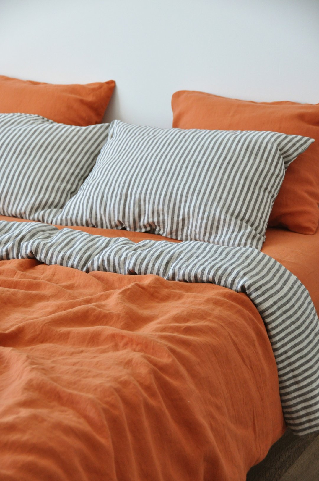 Burnt orange double-sided linen duvet cover / Softened linen / Comforter cover - 寝具 - 亚麻 橘色
