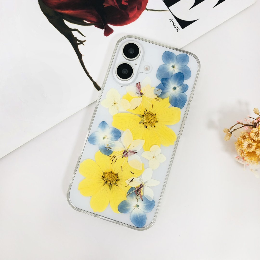 天然黄蓝白花手作押花手机壳iPhone 16 Pro Max Samsung S25 - 手机壳/手机套 - 植物．花 
