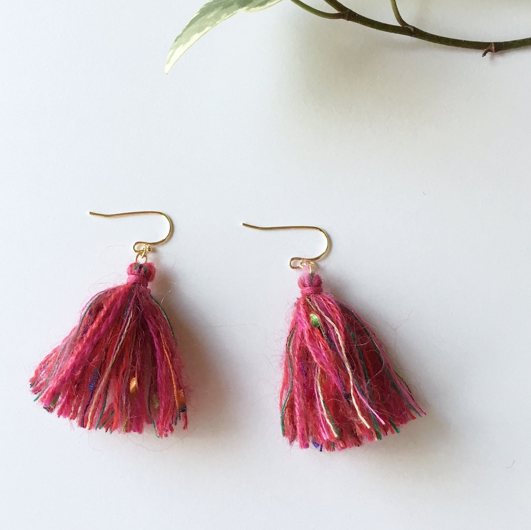 Fluffy colorful tassel earrings or earrings 5 - 耳环/耳夹 - 棉 红色