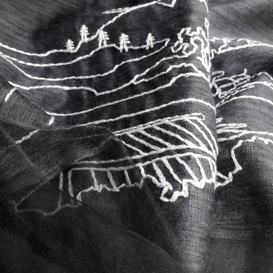 原创新国风刺绣山水线条画 真丝羊毛轻纱围巾 (科技月 - 围巾/披肩 - 羊毛 黑色