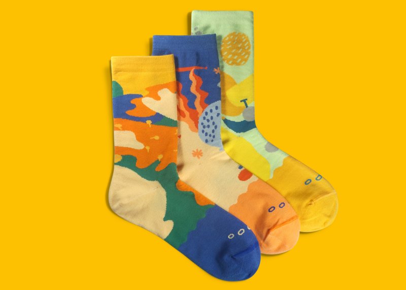 Dear, Buncho礼盒3P04 短袜 男袜 女袜 色袜 几何图案 设计师袜 - 袜子 - 棉．麻 橘色