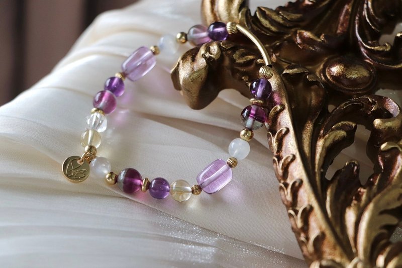创作力手链原矿设计 / 宁默辛妮 - 蜜桃莹石－紫水晶－月光石 - 手链/手环 - 水晶 紫色