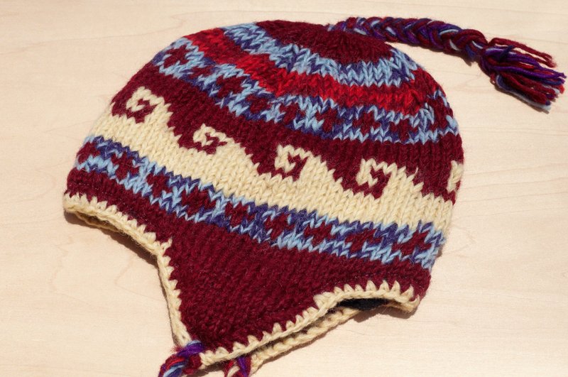 圣诞礼物 限量一件儿童毛帽 / 针织纯羊毛保暖毛帽 / 儿童飞行毛帽 / 内刷毛帽 / 针织毛帽 / 童装护耳毛线帽 - 东欧风混色渐层民族图腾 - 围嘴/口水巾 - 羊毛 多色