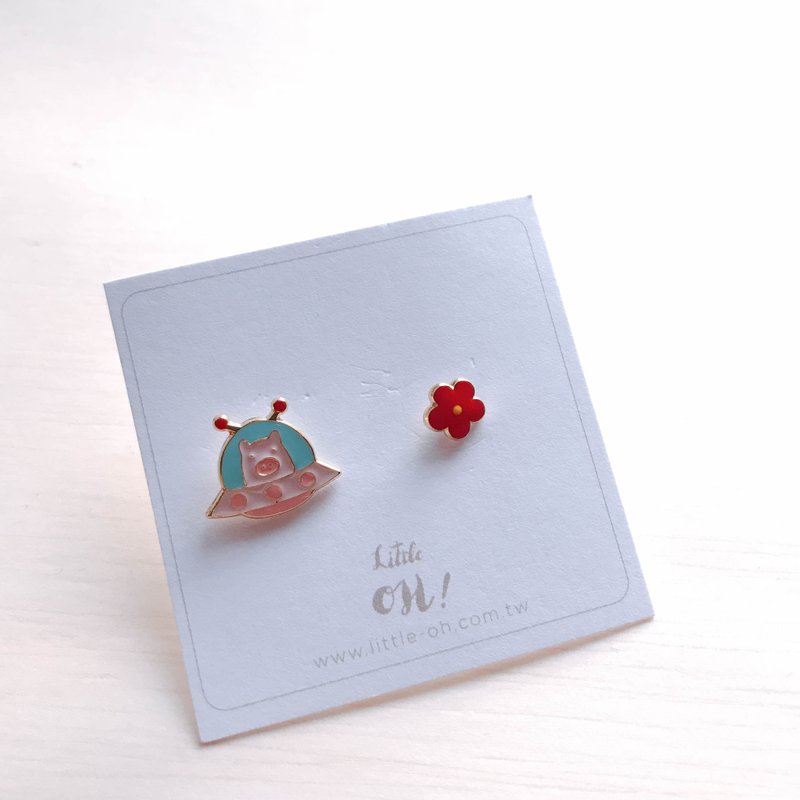 小猪飞碟 时光机器 耳环 宇宙 - 耳环/耳夹 - 珐琅 红色