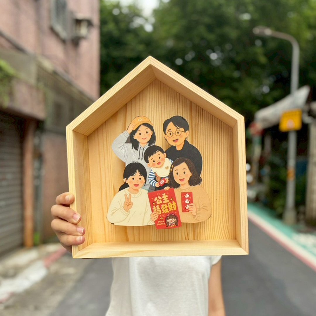 【定制化礼物】定制插画 情侣/家人/宠物插画相框 似颜绘 - 订制画像 - 木头 咖啡色