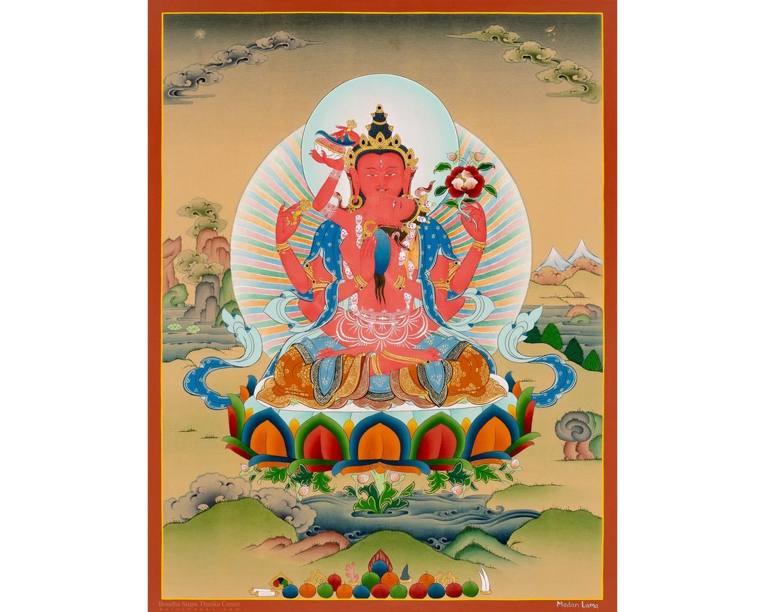 红观世音菩萨唐卡画作 | 手工制作的西藏艺术  促进慈悲与力量 - 墙贴/壁贴 - 其他材质 多色