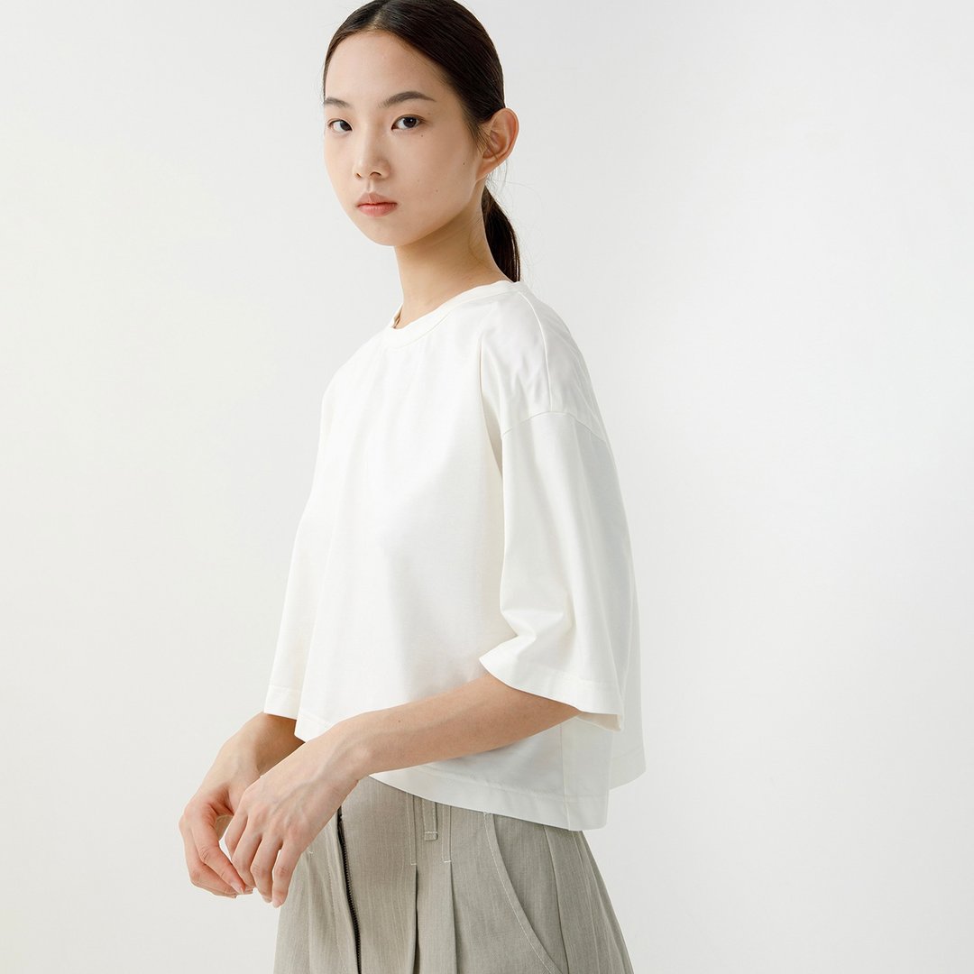 斜摆五分宽袖上衣 - 女装上衣 - 棉 白色