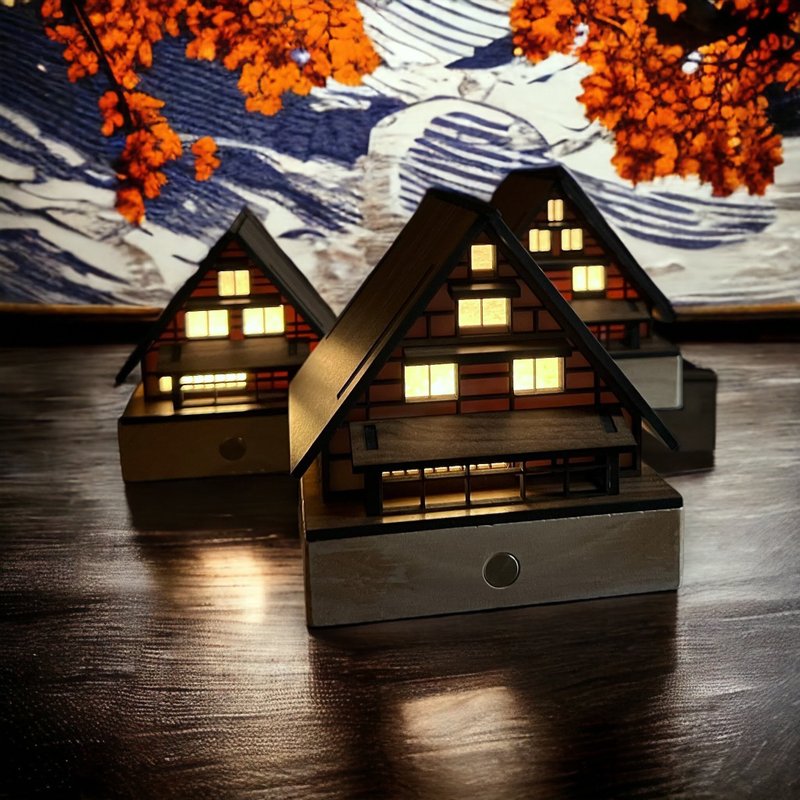 【木屋小夜灯-三连合掌】床头灯/桌面摆件/合掌村/原创设计/USB/L - 灯具/灯饰 - 木头 咖啡色