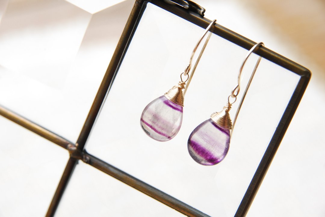Striped Fluorite Earrings B14kgf - 耳环/耳夹 - 半宝石 紫色
