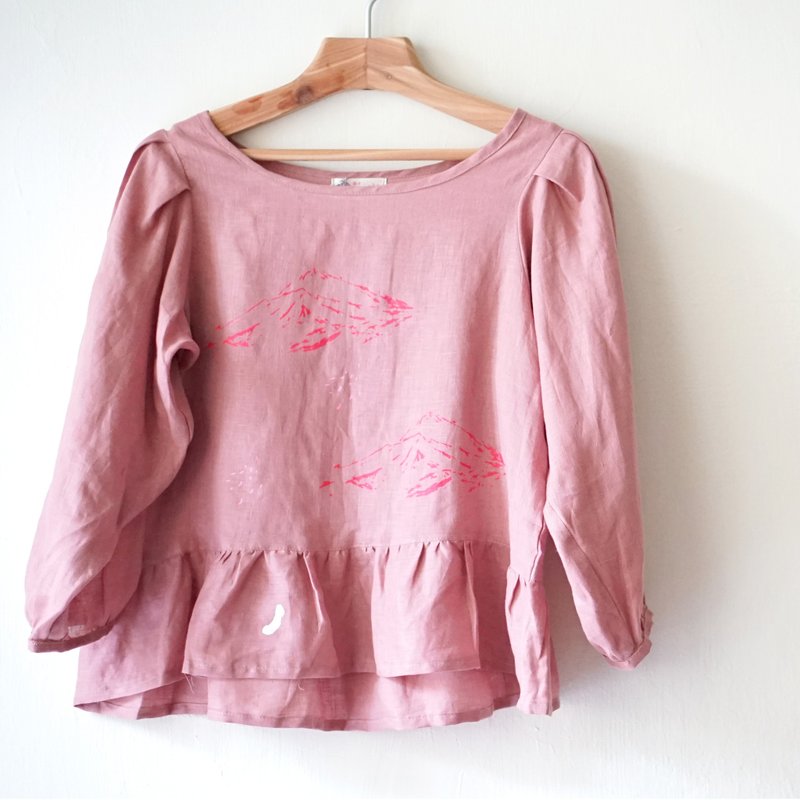 舒服亚麻设计打折七分袖上衣-月亮星星/粉粉山棱 - 女装上衣 - 棉．麻 粉红色