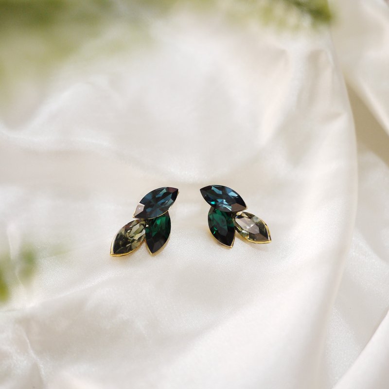 复古跳色水钻叶片耳环 - 耳环/耳夹 - 宝石 多色