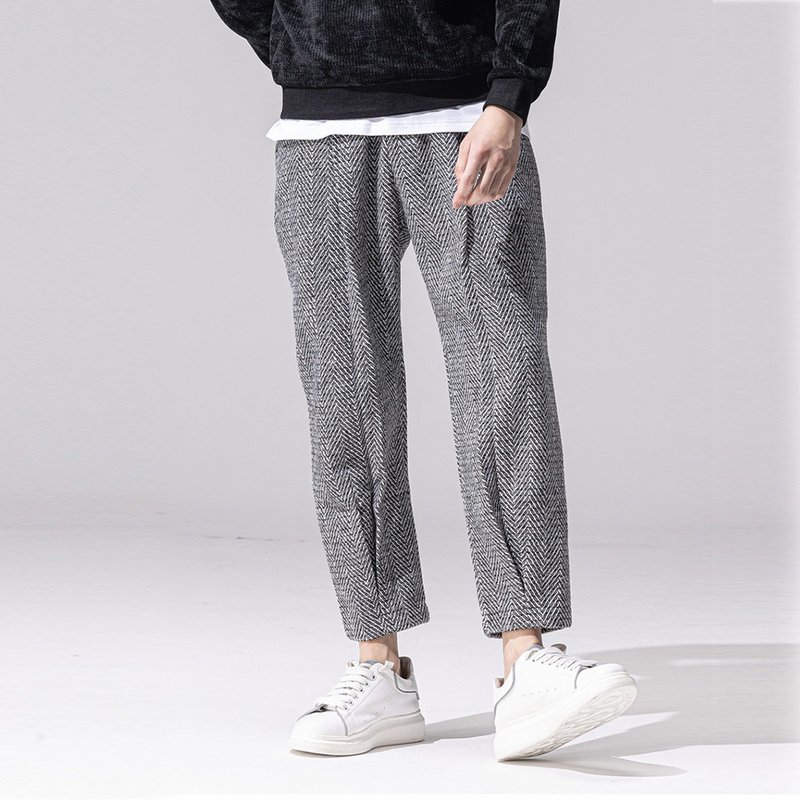 秋冬男士捏褶人字纹直筒休闲长裤 - 男士长裤 - 其他材质 