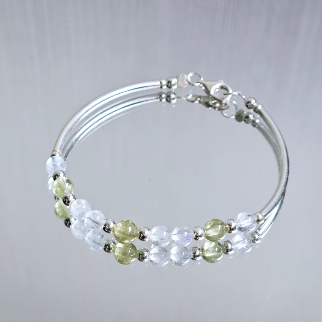 s925 纯银 沙佛莱石 月光石 手链 | 手作定制 手链 项链 - 手链/手环 - 纯银 
