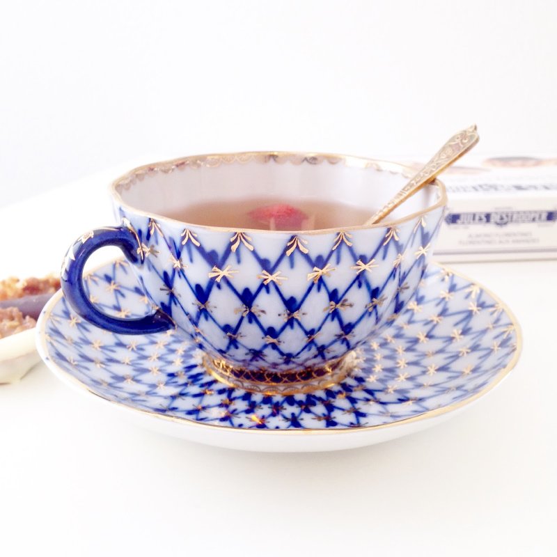 经典网纹系列-钴蓝22K金手工250ml咖啡/花茶杯盘礼组 - 咖啡杯/马克杯 - 瓷 蓝色