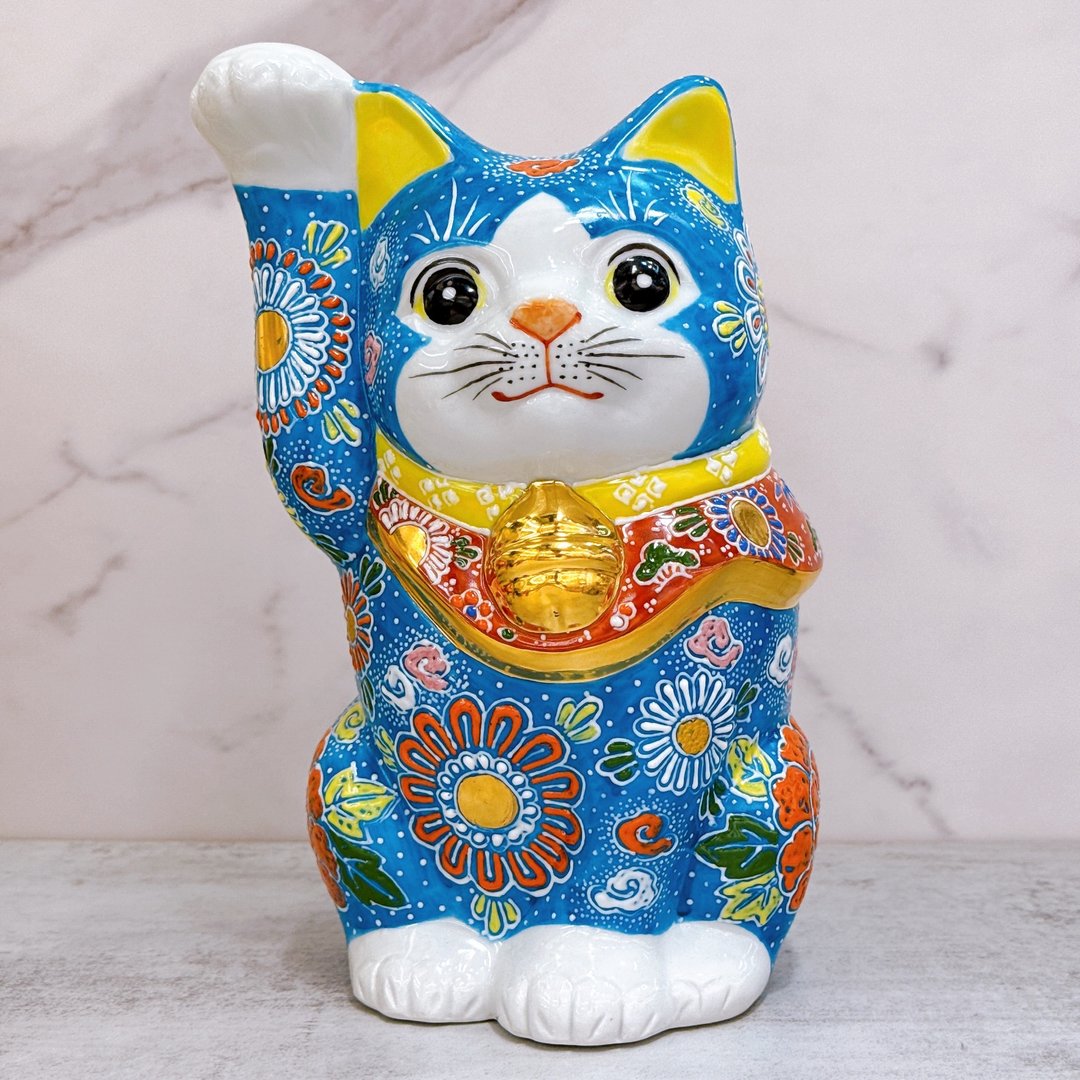 【牡丹映福】日本九谷烧招财猫 | 深青盛 8号 - 摆饰 - 瓷 蓝色
